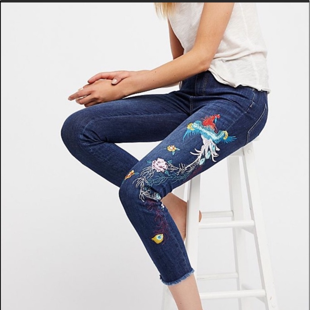 Free People Bird Embroidered Skinny Jeans